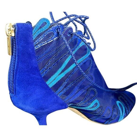 JIMMY CHOO Women's Blue Kafira Mesh Suede Lace Up Peep-Toe Stiletto Heels Sexy - Picture 10 of 11